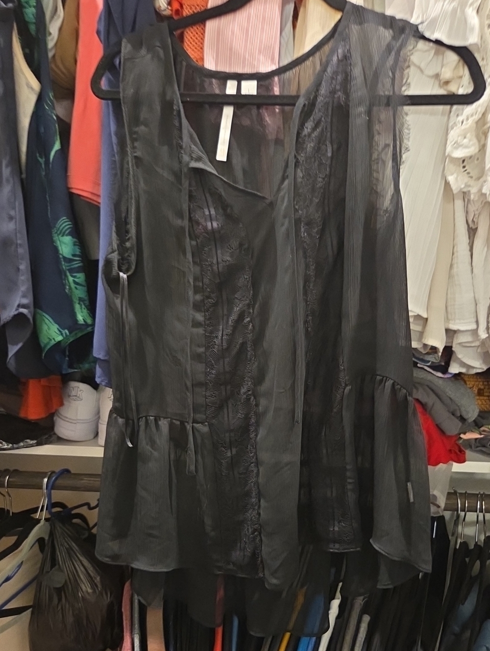 LC Lauren Conrad Black Sheer Lace-Trim Peplum Tunic